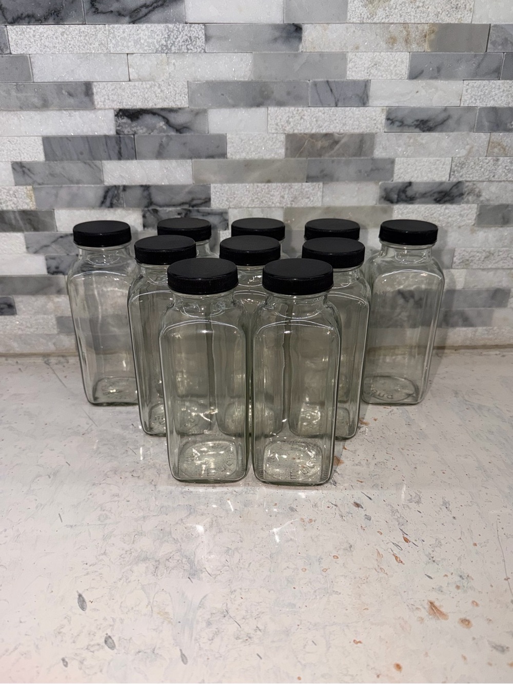 Clear Glass Juice Jars with Black Lids Set of 10